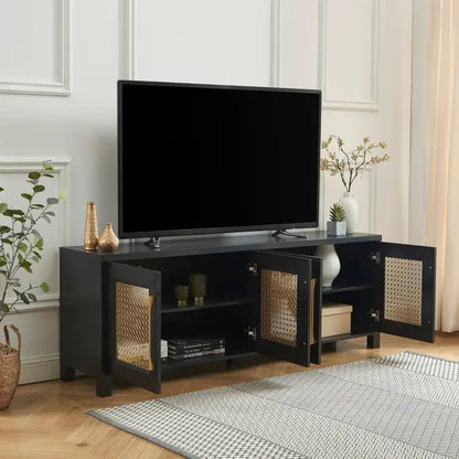 TV Stand Media Console with Rattan Doors, 69.5 in, Fits TVs up to 78 in, MDF with Cable Management