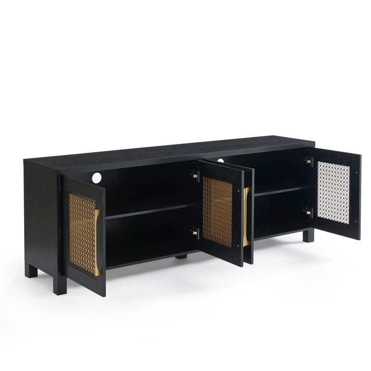 TV Stand Media Console with Rattan Doors, 69.5 in, Fits TVs up to 78 in, MDF with Cable Management