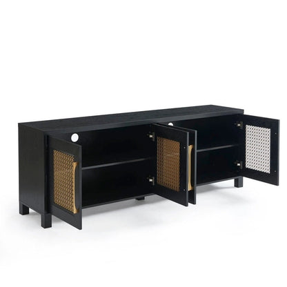 TV Stand Media Console with Rattan Doors, 69.5 in, Fits TVs up to 78 in, MDF with Cable Management