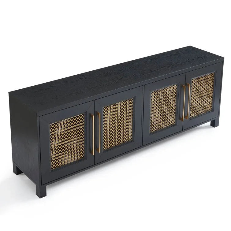 TV Stand Media Console with Rattan Doors, 69.5 in, Fits TVs up to 78 in, MDF with Cable Management