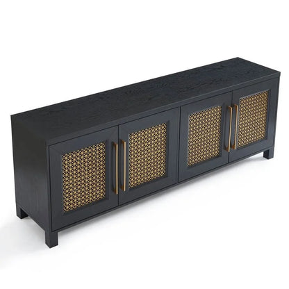 TV Stand Media Console with Rattan Doors, 69.5 in, Fits TVs up to 78 in, MDF with Cable Management
