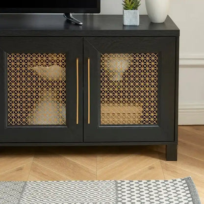 TV Stand Media Console with Rattan Doors, 69.5 in, Fits TVs up to 78 in, MDF with Cable Management