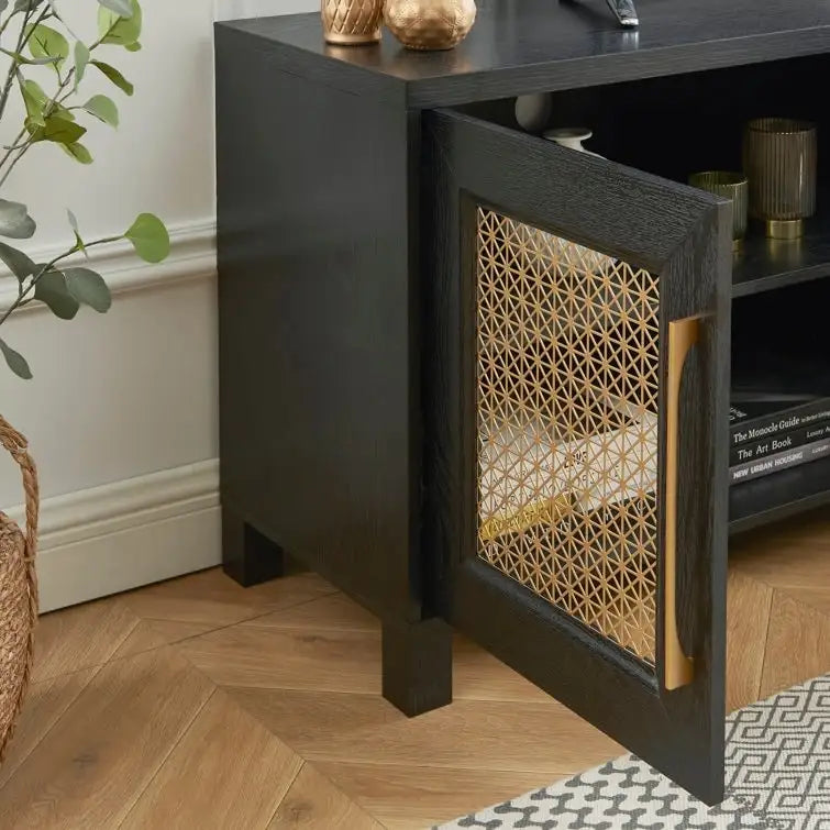 TV Stand Media Console with Rattan Doors, 69.5 in, Fits TVs up to 78 in, MDF with Cable Management