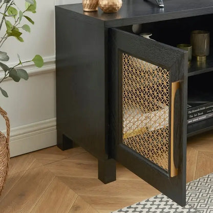 TV Stand Media Console with Rattan Doors, 69.5 in, Fits TVs up to 78 in, MDF with Cable Management