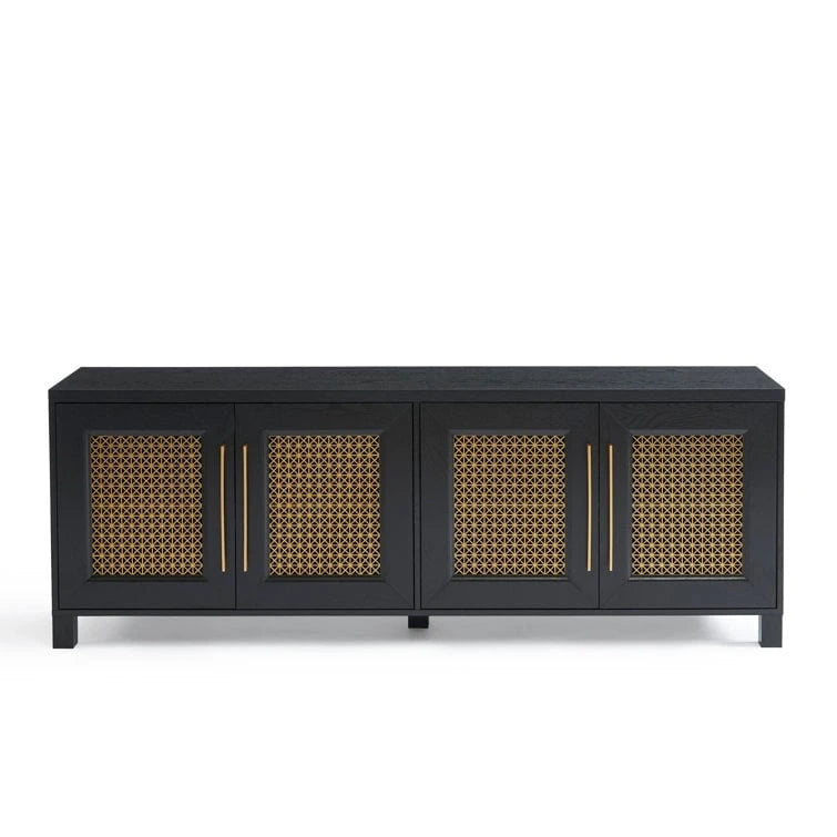 TV Stand Media Console with Rattan Doors, 69.5 in, Fits TVs up to 78 in, MDF with Cable Management