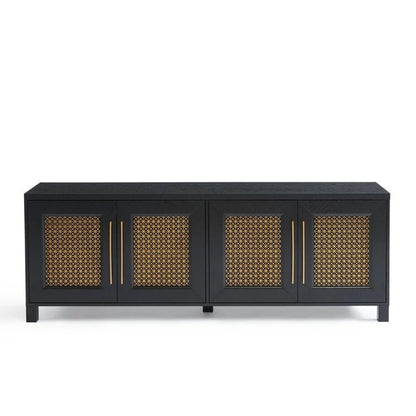 TV Stand Media Console with Rattan Doors, 69.5 in, Fits TVs up to 78 in, MDF with Cable Management