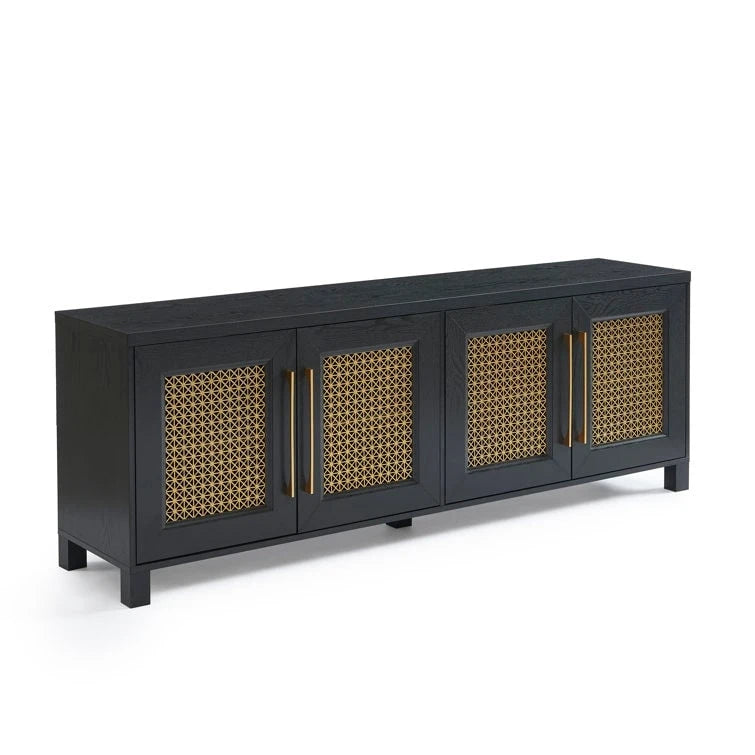 TV Stand Media Console with Rattan Doors, 69.5 in, Fits TVs up to 78 in, MDF with Cable Management
