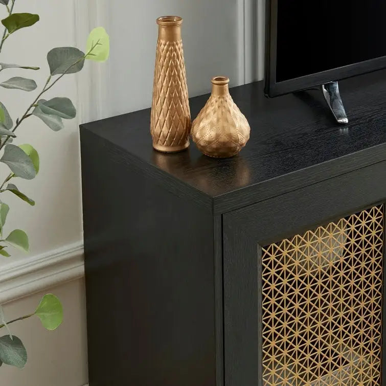 TV Stand Media Console with Rattan Doors, 69.5 in, Fits TVs up to 78 in, MDF with Cable Management