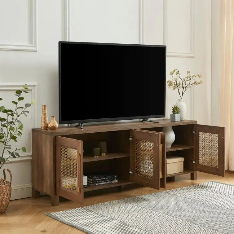 TV Stand Media Console with Rattan Doors, 69.5 in, Fits TVs up to 78 in, MDF with Cable Management
