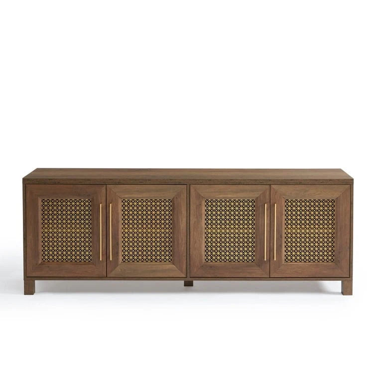 TV Stand Media Console with Rattan Doors, 69.5 in, Fits TVs up to 78 in, MDF with Cable Management