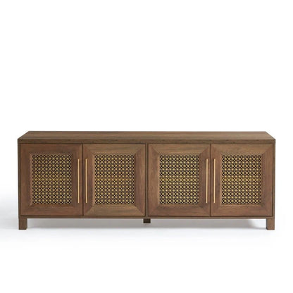 TV Stand Media Console with Rattan Doors, 69.5 in, Fits TVs up to 78 in, MDF with Cable Management