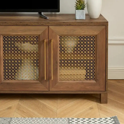 TV Stand Media Console with Rattan Doors, 69.5 in, Fits TVs up to 78 in, MDF with Cable Management
