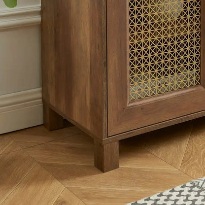 TV Stand Media Console with Rattan Doors, 69.5 in, Fits TVs up to 78 in, MDF with Cable Management