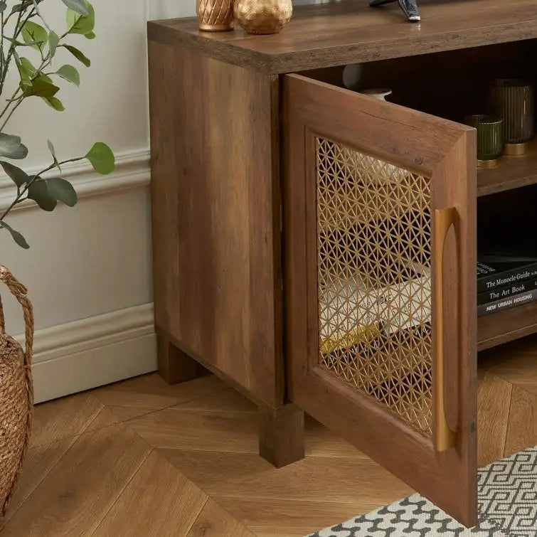 TV Stand Media Console with Rattan Doors, 69.5 in, Fits TVs up to 78 in, MDF with Cable Management