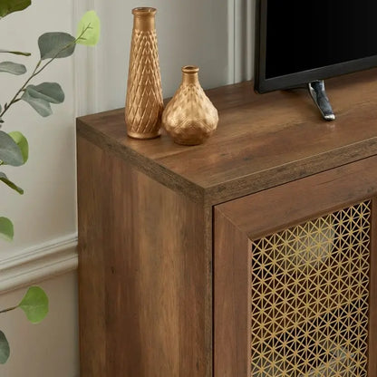 TV Stand Media Console with Rattan Doors, 69.5 in, Fits TVs up to 78 in, MDF with Cable Management