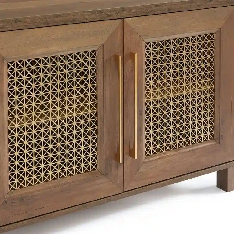 TV Stand Media Console with Rattan Doors, 69.5 in, Fits TVs up to 78 in, MDF with Cable Management