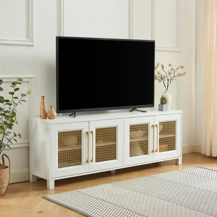 TV Stand Media Console with Rattan Doors, 69.5 in, Fits TVs up to 78 in, MDF with Cable Management