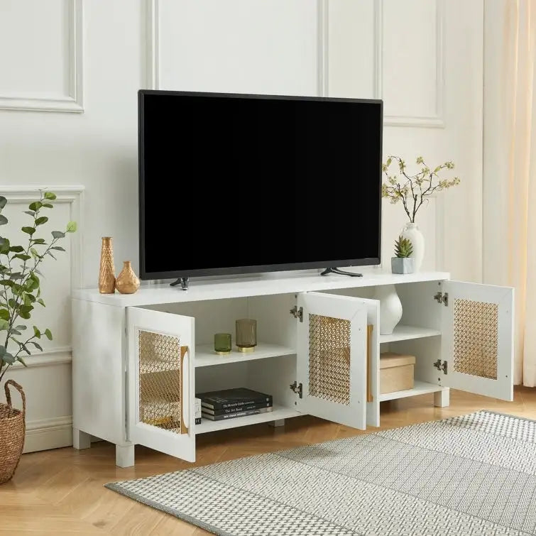 TV Stand Media Console with Rattan Doors, 69.5 in, Fits TVs up to 78 in, MDF with Cable Management