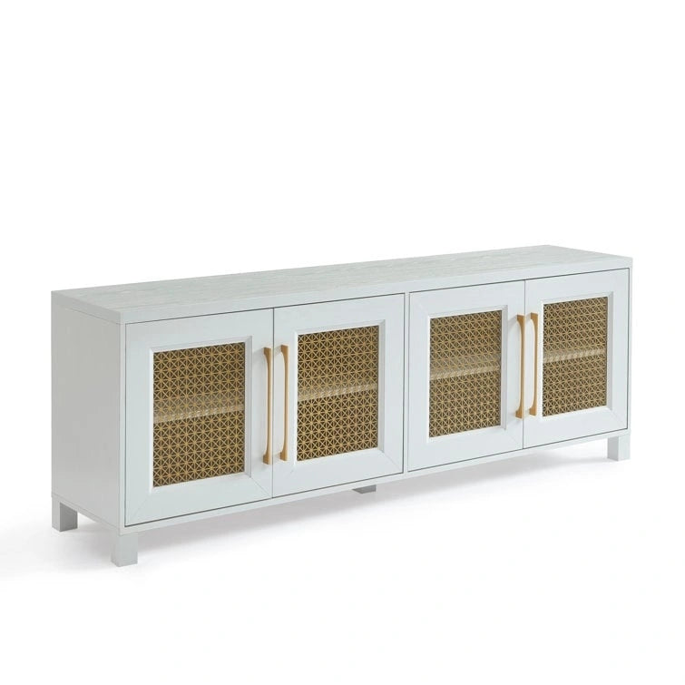 TV Stand Media Console with Rattan Doors, 69.5 in, Fits TVs up to 78 in, MDF with Cable Management