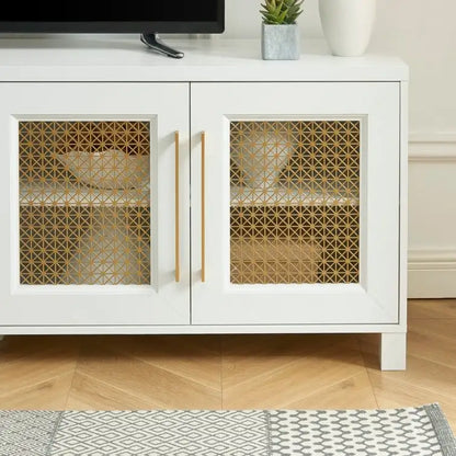 TV Stand Media Console with Rattan Doors, 69.5 in, Fits TVs up to 78 in, MDF with Cable Management
