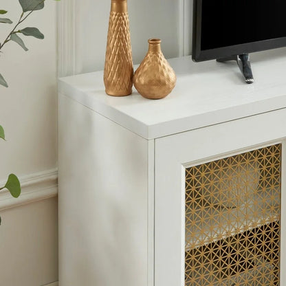 TV Stand Media Console with Rattan Doors, 69.5 in, Fits TVs up to 78 in, MDF with Cable Management