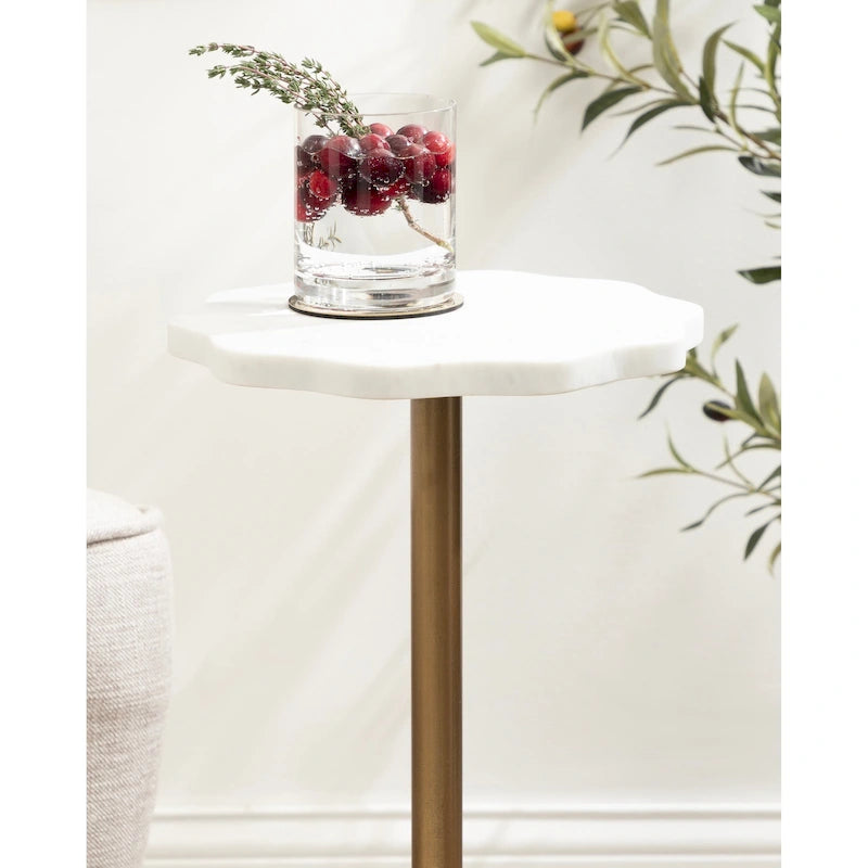 Scalloped Marble & Metal Drink Side Table, Modern Glam Accent Table for Living Room or Bedroom