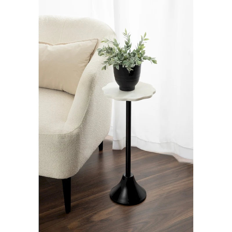 Scalloped Marble & Metal Drink Side Table, Modern Glam Accent Table for Living Room or Bedroom
