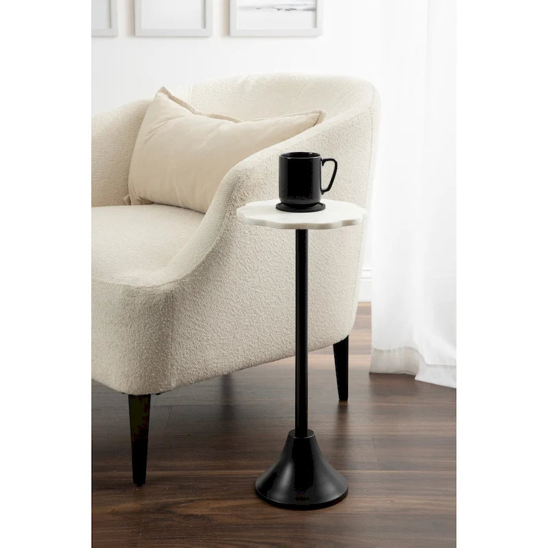Scalloped Marble & Metal Drink Side Table, Modern Glam Accent Table for Living Room or Bedroom