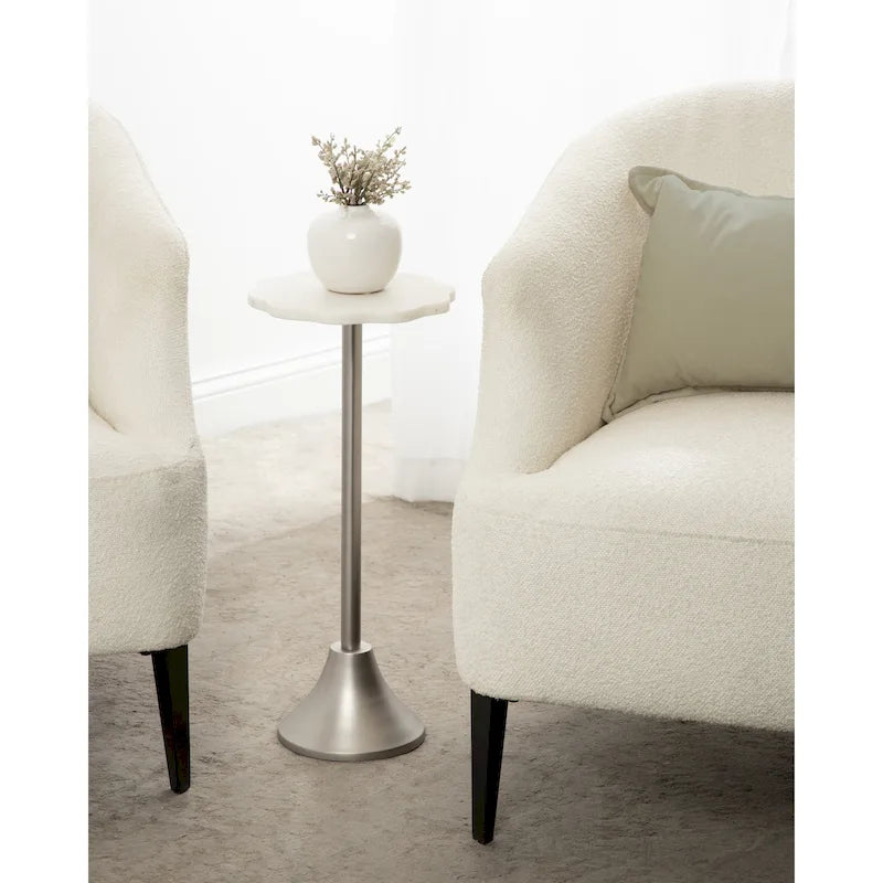 Scalloped Marble & Metal Drink Side Table, Modern Glam Accent Table for Living Room or Bedroom