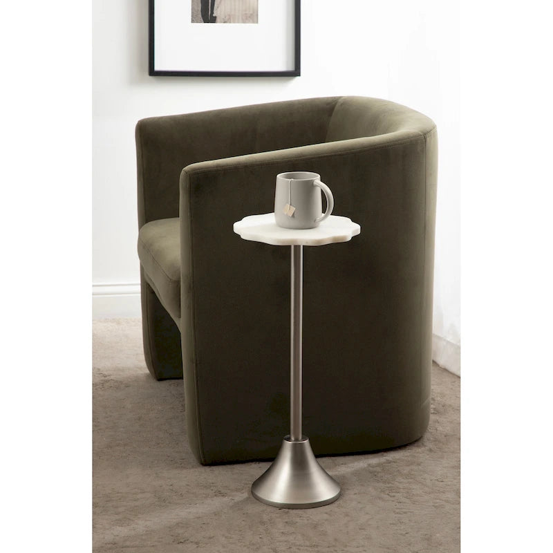 Scalloped Marble & Metal Drink Side Table, Modern Glam Accent Table for Living Room or Bedroom