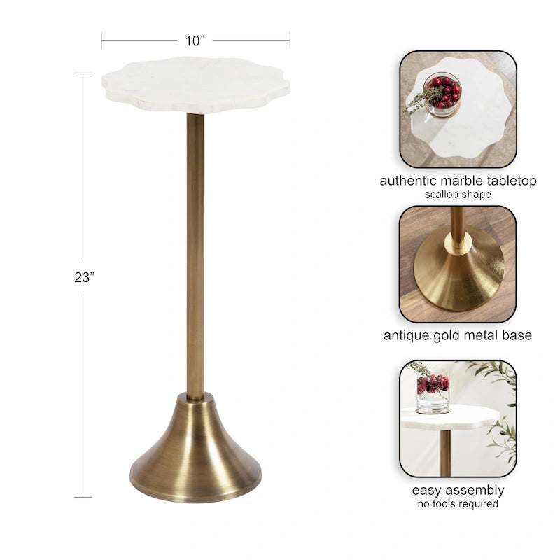 Scalloped Marble & Metal Drink Side Table, Modern Glam Accent Table for Living Room or Bedroom