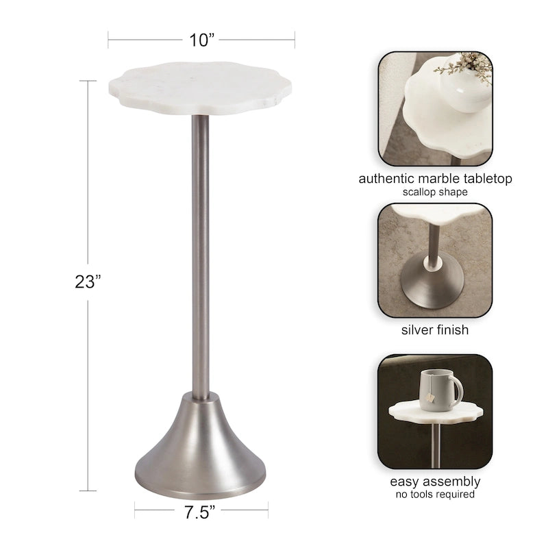 Scalloped Marble & Metal Drink Side Table, Modern Glam Accent Table for Living Room or Bedroom