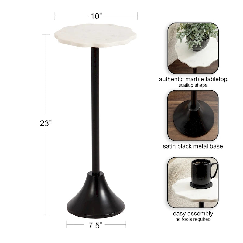 Scalloped Marble & Metal Drink Side Table, Modern Glam Accent Table for Living Room or Bedroom