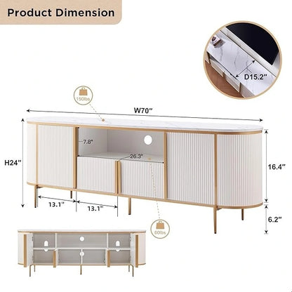 Modern Luxury TV Stand with Faux Marble Top, Fluted Panel, Gold Accents, 4-Door Cabinet