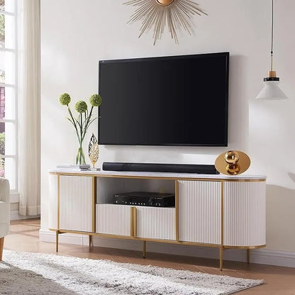 Modern Luxury TV Stand with Faux Marble Top, Fluted Panel, Gold Accents, 4-Door Cabinet
