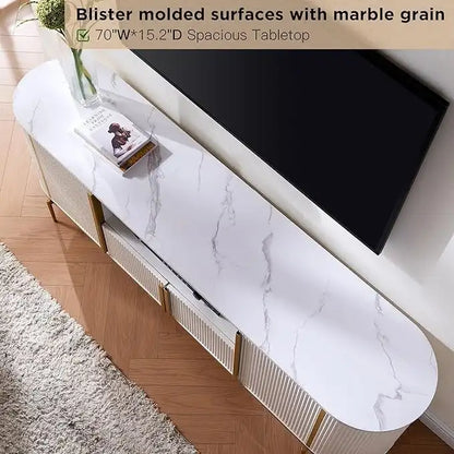 Modern Luxury TV Stand with Faux Marble Top, Fluted Panel, Gold Accents, 4-Door Cabinet