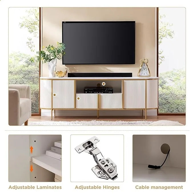 Modern Luxury TV Stand with Faux Marble Top, Fluted Panel, Gold Accents, 4-Door Cabinet