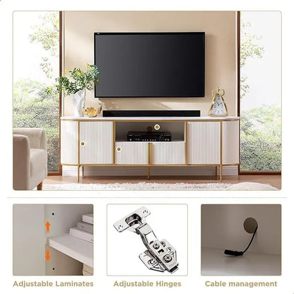 Modern Luxury TV Stand with Faux Marble Top, Fluted Panel, Gold Accents, 4-Door Cabinet