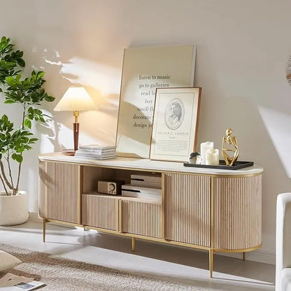 Modern Luxury TV Stand with Faux Marble Top, Fluted Panel, Gold Accents, 4-Door Cabinet