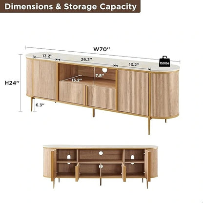 Modern Luxury TV Stand with Faux Marble Top, Fluted Panel, Gold Accents, 4-Door Cabinet