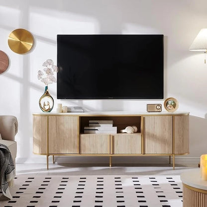Modern Luxury TV Stand with Faux Marble Top, Fluted Panel, Gold Accents, 4-Door Cabinet