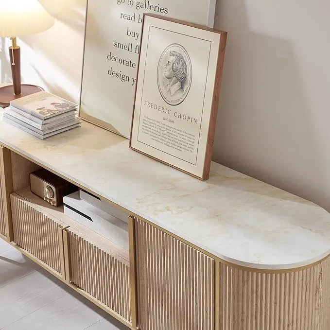 Modern Luxury TV Stand with Faux Marble Top, Fluted Panel, Gold Accents, 4-Door Cabinet