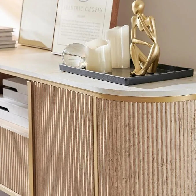 Modern Luxury TV Stand with Faux Marble Top, Fluted Panel, Gold Accents, 4-Door Cabinet
