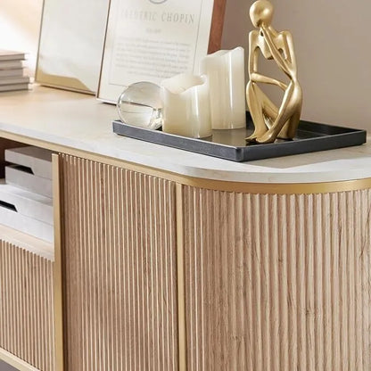 Modern Luxury TV Stand with Faux Marble Top, Fluted Panel, Gold Accents, 4-Door Cabinet