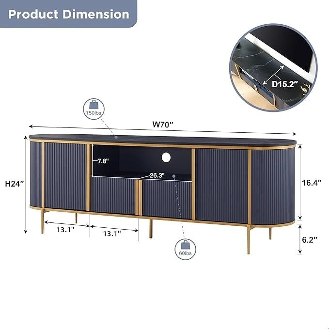 Modern Luxury TV Stand with Faux Marble Top, Fluted Panel, Gold Accents, 4-Door Cabinet