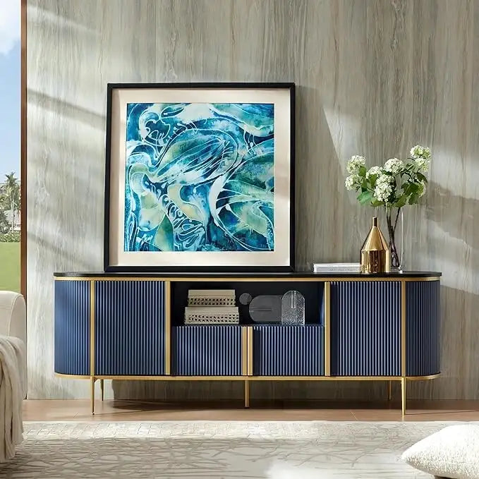 Modern Luxury TV Stand with Faux Marble Top, Fluted Panel, Gold Accents, 4-Door Cabinet