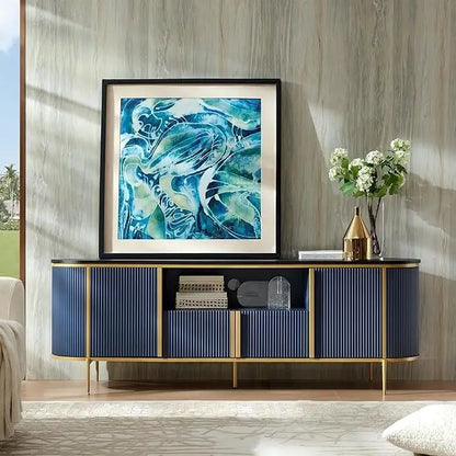 Modern Luxury TV Stand with Faux Marble Top, Fluted Panel, Gold Accents, 4-Door Cabinet