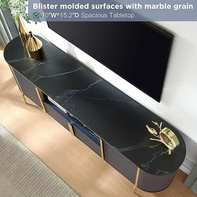 Modern Luxury TV Stand with Faux Marble Top, Fluted Panel, Gold Accents, 4-Door Cabinet