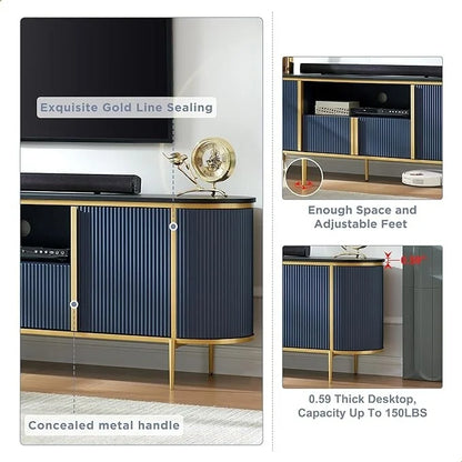 Modern Luxury TV Stand with Faux Marble Top, Fluted Panel, Gold Accents, 4-Door Cabinet