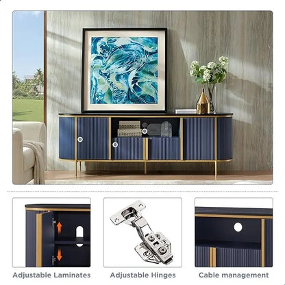 Modern Luxury TV Stand with Faux Marble Top, Fluted Panel, Gold Accents, 4-Door Cabinet